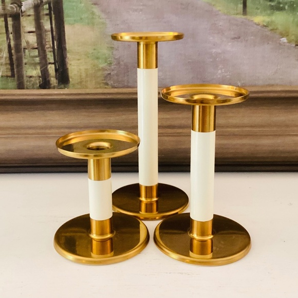 set of 3 IKEA Glittrig candlesticks gold and ivory Discontinued Tapered Pillar - Picture 1 of 13